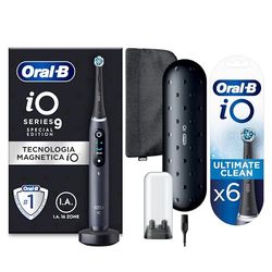 Oral-B Spazzolino Elettrico iO9, Ultimate Clean Testine Spazzolino Elettrico, 6 Testine, 1 Spazzolino, Sensore di Pressione, Display Interattivo, 7 Modalità, Custodia da Viaggio, Nero, Idea Regalo