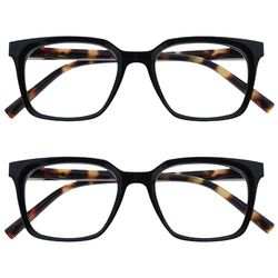 OPULIZE KOI Gafas de Lectura Pack de 2 - Elegante Marco Rectangular Ancho - Negro - Hombre Mujer - Bisagras de Muelle - RR50-1 - +3.50