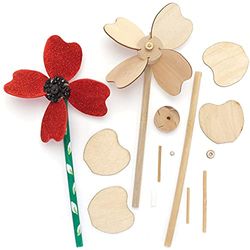 Baker Ross Poppy Wooden Windmill Kits - Pack of 4, Windmills Wood Crafts, Kids Remembrance and Armistice Day Craft (FE844)