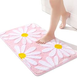 QJHOMO Alfombra de baño Rosa con diseño de Margaritas, decoración de Flores Blancas y Amarillas, Alfombra Antideslizante de Microfibra, súper Absorbente, Lavable a máquina, para Ducha, bañera,