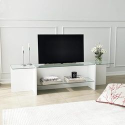Hanah Home Scandinavische tv-standaard, wit, 158 cm x 40 cm x 35 cm, 100% gehard glas en melamine gecoat particle board, 18 mm dik, stijlvol en functioneel design