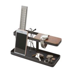 YAMAZAKI 2300 Tower Desk Organiser, Black, Steel/Wood, 24.5 x 9.7 x 11.3 cm