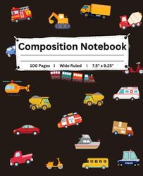 Composition Notebook for School: Wide Rule in Vehicle Style in black background: Journey Through Education: Wide Ruled Composition Notebook with a Unique Vehicle Twist