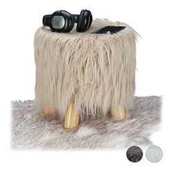 Relaxdays Banqueta de pelo sintético macio com 4 pernas, DM, madeira de pinheiro e poliéster, castanho, 31 x 31 cm