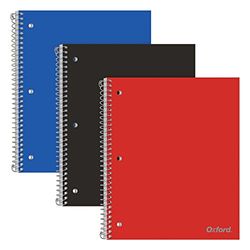 Tops Oxford Spiraalnotitieboeken, 1 onderwerp, College gelijnd papier, duurzame plastic hoes, 100 vellen, scheidingsvak, 3 per verpakking (10390), rood, zwart en blauw