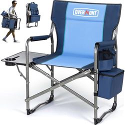 OVERMONT Chaise De Camping Pliable - Fauteuil De Régie Pliable - Supporte Jusqu'à 180 Kg - Chaise Pliable avec Table Latérale Et Sac Isotherme pour Camping Pêche Festival Bleu
