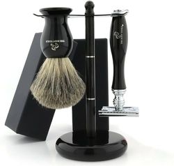 The Body Tools Mens Shaving Kit – 3 Pc Shaving Set – Double Edge Safety Shaving Razor - Badger Shaving Brush – Shaving Stand – Black Color - Fits All DE Blades