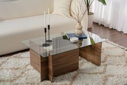 Hanah Home Elegante walnoot-koffietafel, 105 x 65 x 40 cm, top van 100% gehard glas, 100% melamine gecoat deeltjesbord, 18 mm dik, stijlvol en duurzaam design