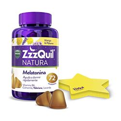 ZzzQuil Natura, Melatonina, Gummies Para Dormir de Melatonina pura y Extractos de Valeriana, Camomila y Lavanda, 72 gummies, Sabor Mango y Plátano + Post it