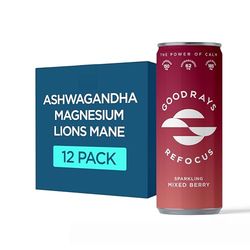Goodrays Refocus, Sparkling Functional Drink with Magnesium Citrate, Lion's Mane Mushroom, Ashwagandha and Vitamin D, Low Calorie, Mixed Berry, 12 x 250ml