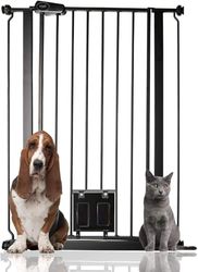 Bettacare Pet Gate with Lockable Cat Flap, 75cm - 84cm, Black, 104cm in Height, Extra Tall Dog Safety Barrier with Cat Flap, Easy Installation