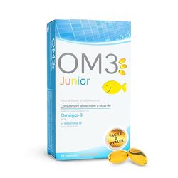 OM3 - Junior- Huile de poissons concentrée à 65% d'Oméga-3 et de Vitamine D-Pour enfants et adolescents- 45 capsules à avaler ou mâcher