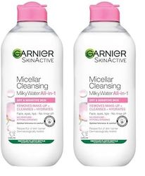 Garnier Micellar Cleansing Water For Dry Skin 400 ml, Milky Face Cleanser and Makeup Remover, Fragrance Free, Recognised By The British Skin Foundation, Use With Reusable Micellar Eco Pads (Pack of 2)