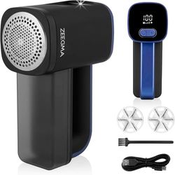 ZEEGMA LINTEE Black Fabric Shaver – 5W Lint Remover with LED Light, LCD Display, 3 Speeds, USB-C Rechargeable, 2 Blade Sets, Velvet Travel Bag – Removes Lint, Bobbles, Pet Hair from Clothes, Upholster