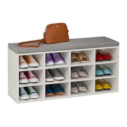 Relaxdays Shoe Bench, 12 Compartments, 49.5x104x31 cm, Padded Seat, for Hallway & Bedroom, Footwear Storage, White/Grey