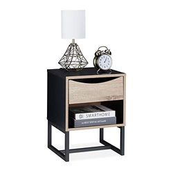 Relaxdays Mesita Noche con Cajón, 50 x 39 x 35 cm, Mesa Cama Auxiliar, Metal, Efecto Madera, Salón, Dormitorio, Negro