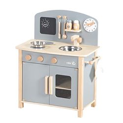 roba Cucina Giocattolo per Bambini, con Piano Cottura + Lavello, Accessori in Metallo e Legno, a Partire dai 3 Anni, Legno Naturale e Laccato Grigio