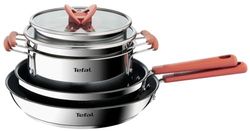Tefal G720S604 Opti'Space 4-delige pannenset, ruimtebesparend,stabelbaar, veilige anti-aanbaklaag, veelzijdige pannen, roestvrij staal, koele handgreep, geschikt voor alle warmtebronnen incl. inductie