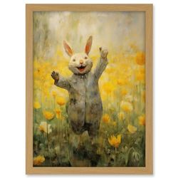 Artery8 Tulips and Rabbit Watercolour Fun Kids Baby Nursery Artwork Framed A3 Wall Art Print