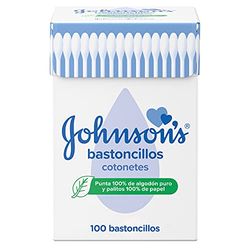 Johnson's Baby bastoncillos para bebés, niños y adultos (1 caja x 100 unidades), bastoncillos para los oídos con puntas 100% de algodón puro y palitos 100% de papel