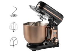Bestron - Robot pastelero (65 dB), robot de cocina 4 en 1, cuenco de 6 litros, incluido gancho amasador, batidor y batidor plano, 6 velocidades + función Pulse, Cobre