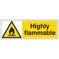 VSafety Signs 69031BP-S "Much Flammable" varningseld och brandfarlig skylt, självhäftande, landskap, 600 mm x 200 mm, svart/gul