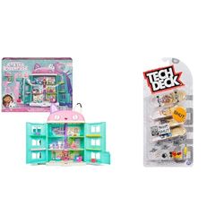 Gabby’s Dollhouse, Purrfect Dollhouse with 2 Toy Figures, 8 Furniture Pieces, 3 Accessories, 2 Deliveries and Sounds, Kids’ Toys for Ages 3 and above & Tech Deck 96mm Fingerboards 4-Pack (Styles Vary)