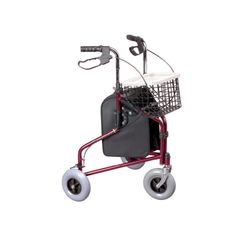 Homecraft Folding Three Wheeled Rollator, Tri Mobility Walker with Lockable Cable Brakes, Carry Bag, Basket and Tray, Walking Mobility Aid, Lightweight Foldable Steel Frame, Ruby