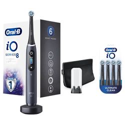 Oral-B iO 8, Go Electric, Spazzolino Elettrico Ricaricabile, 1 Spazzolino Nero con Tecnologia Magnetica, 1 Testina, 1 Astuccio Magnetico + Testine di Ricambio Nere, 4 Pezzi