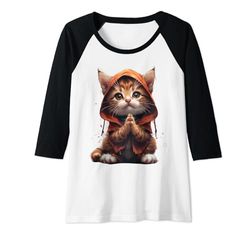 Mujer Meditar Gatito Santo Gato Mediador Fe Dios Religión Camiseta Manga Raglan