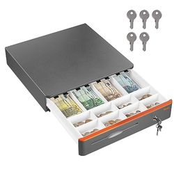 Tera Kassalade voor geldrecorder en bankbiljetten, handmatig en automatisch openen, 4 vakken voor bankbiljetten en 8 stuks, RJ-12-aansluiting, 42 x 42 cm, POS Restaurant Supermarkt, 405R Silver