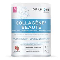 Collagène + Beauté GRANIONS | Collagene Marin Poudre - Hydrolysé de Type 1 | Hydratation de la Peau et Anti-âge | Biotine, Vitamine C et Onagre | Beauté Peau et Cheveux | Saveur grenade | 275g