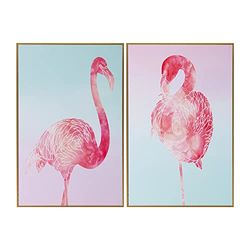 DRW Set van 2 afbeeldingen, bedrukt, flamingo's met natuurlijk frame, 30 x 2 x 45 cm