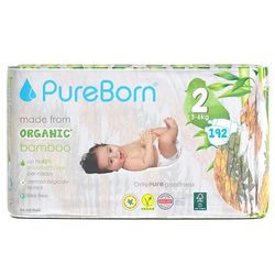 PureBorn Eco Organic Bambusowe pieluchy, Rozmiar 2 (3-6 kg), 192 sztuki (6x32), Hipoalergiczne, Ultra miękkie, Ekologiczne, Różne Nadruki, Wskaźnik Wilgotności