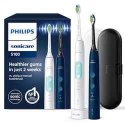 Philips Sonicare ProtectiveClean 5100 - Brosses à dents électriques avec 3 modes de brossage, capteur de pression, minuterie et étui de voyage, blanc et bleu, Lot de 2, modèle HX6851/34
