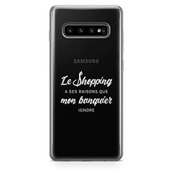 Zokko Samsung S10 Plus fodral "Shopping har sina anledningar att min bankman ignorerar - mjukt genomskinligt bläck vitt