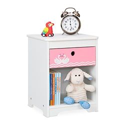 Relaxdays Mesita Infantil Cisnes, Cajón, Compartimento, Cajonera Noche Dormitorio Niños, 41x32x31cm, Blanco y Rosa, 41 x 32 x 31 cm Aprox