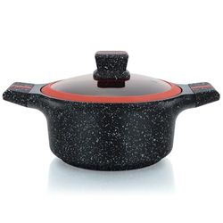 Herzberg, HGRSCAS32, Cocotte en Granit avec Couvercle en Verre, 32 cm, Idéale pour Cuisson Saine, Résistante aux Rayures, Facile à Nettoyer, Couleur Rouge et Noir