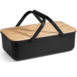 Cheerhom Chlebak z pokrywką z uchwytami, czarny chlebak do kuchni, przestronny retro chlebak z metalu, długie przechowywanie i utrzymywanie świeżości, 38 x 21 x 13 cm