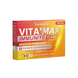 Santarome - Vita'Max Booster Immunité Flash - Complément alimentaire immunité - Soutient les défenses immunitaires - Vitamines, Minéraux, Echinacée, Eleuthérocoque - 30 comprimés - France