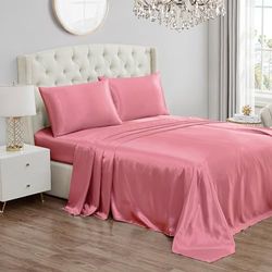 Juicy Couture Queen Size Satin Bed Sheet Set, Deep Pocket Silky Satin Sheet Set with 1 Fitted Sheet, 1 Flat Sheet, and 2 Pillow Case, Wrinkle Resistant and Anti Pilling Satin Bed Sheets - Rose Pink