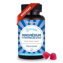 VITAVEA BIEN-ETRE - Gummies Magnésium Vitamines B6 & B12- Triple action : anti-fatigue, détente et énergie - Magnésium, Vitamine B6 et Vitamine B12-30 Gummies - Goût Groseille - Sans sucres
