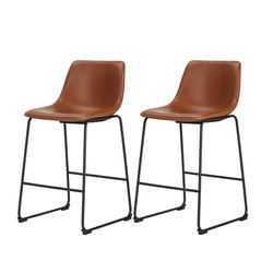 Sweetcrispy Barkruk set van 2, moderne stijl barstoel met zitkussen van PU-leer en metalen poten, keukenkruk, 66 cm, geschikt voor de bar, keuken en woonkamer (bruin)