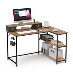 Mondeer Bureau d'angle en Forme L, Table de Bureau avec Étagères Rangement Réversibles, 120x90x90cm, Support d'Écran Amovible avec Tiroirs, pour Etudier Travailler Chambre, Marron Rustique
