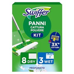 Swiffer Panni Cattura Polvere, 1 Scopa e 8 Panni Microfibra Dry e 3 Panni Lavapavimenti, Cattura Polvere e Sporco, Ottimo per Tutti i Tipi di Pavimenti e per i Peli di Animali