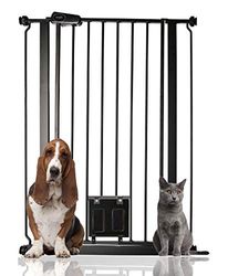 Bettacare Pet Gate with Lockable Cat Flap, 75cm - 84cm, Black, 104cm in Height, Extra Tall Dog Safety Barrier with Cat Flap, Easy Installation