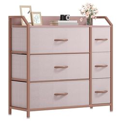 DWVO Ladecommode, stoffen ladekast slaapkamerkast met 6 laden, dressoir voor slaapkamer, woonkamer met handgrepen, houten bovenkant en stevig stalen frame, roze