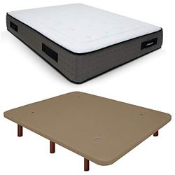Duérmete Online Base tapissée 3D renforcée Anti-Bruit + Matelas viscoélastique Visco Premium Pieds en Bois Couleur Wengé Beige 90 x 200 cm