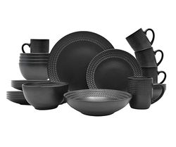 ECHTWERK Black Style Service de table 20 pièces vintage en faïence pour 4 personnes avec 4 assiettes plates, 4 assiettes à dessert, 4 bols, 4 tasses à thé, 4 assiettes creuses