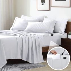 Swift Home Slimme lakens, ultra zacht geborsteld microvezel 4-delige lakenset, hoeslaken met zijopbergzakken - wit, queensize